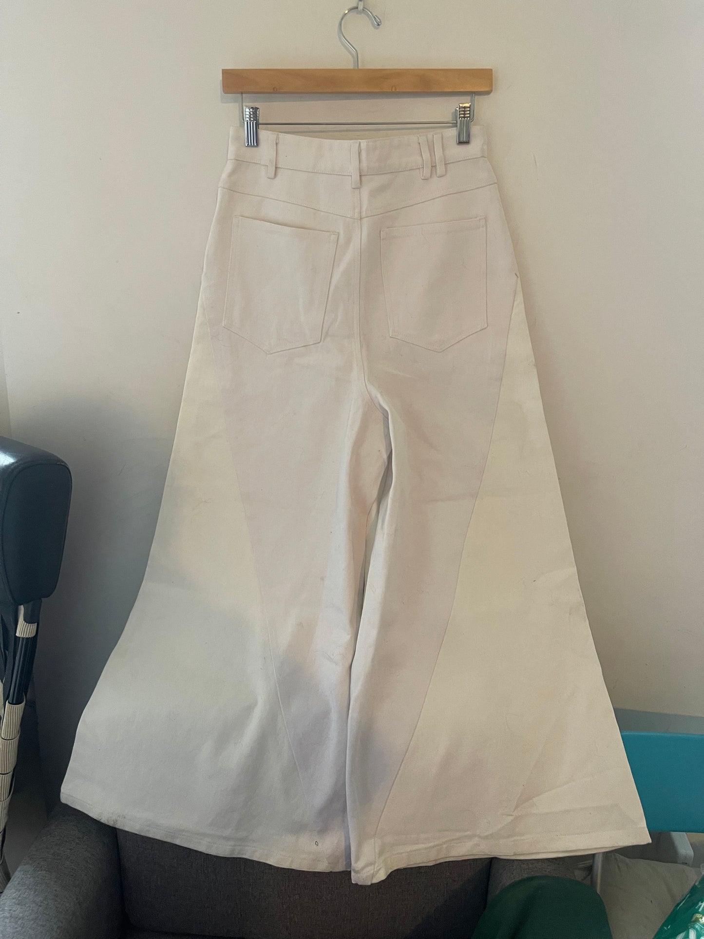 Cleioner two tone white denim embroidered sample wide trousers