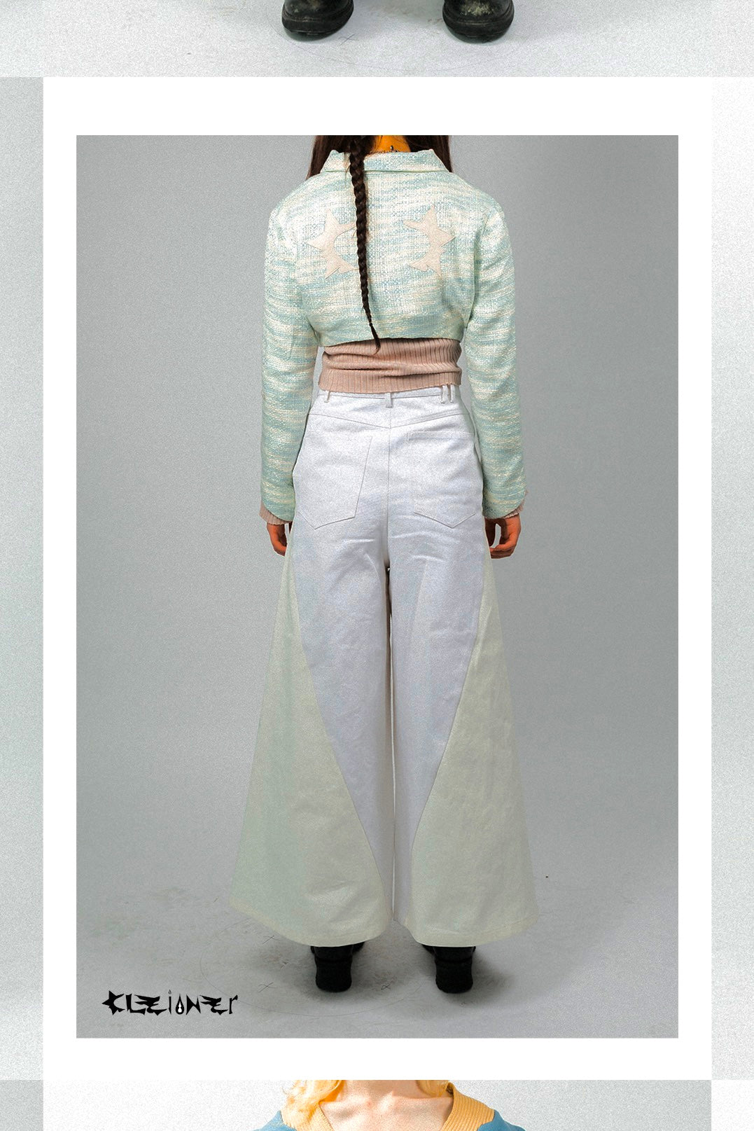 Cleioner two tone white denim embroidered sample wide trousers