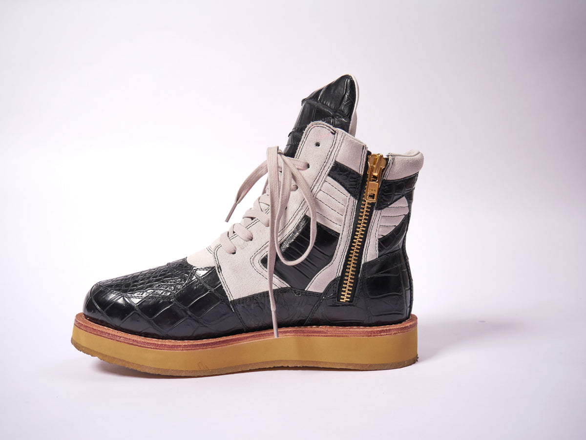 [SPECIAL ORDER ONLY] Laced Enoch Boots [CROCODILE LEATHER AND SUEDE WAXED CREAM]